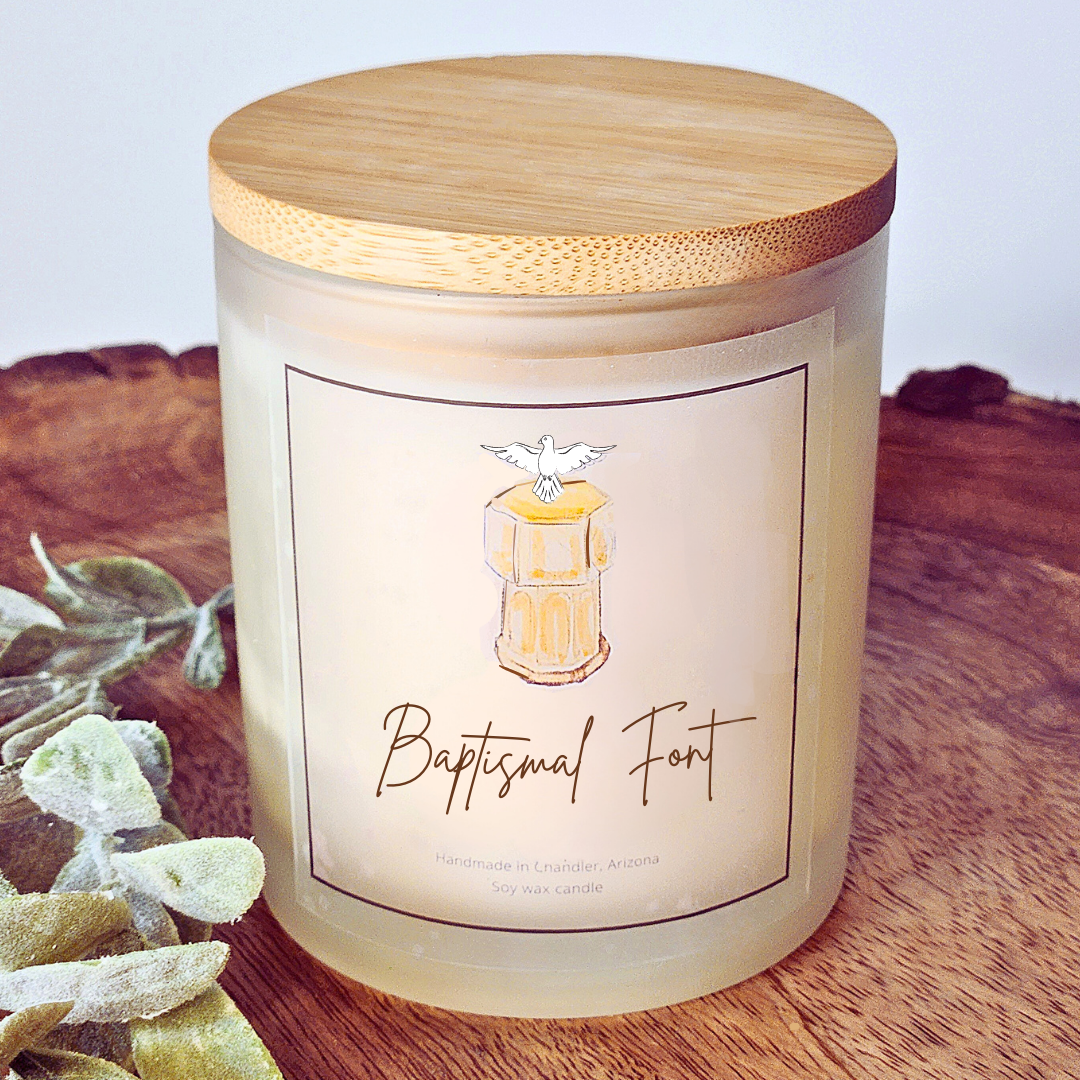 Baptismal Font Scented Prayer Candle Jar